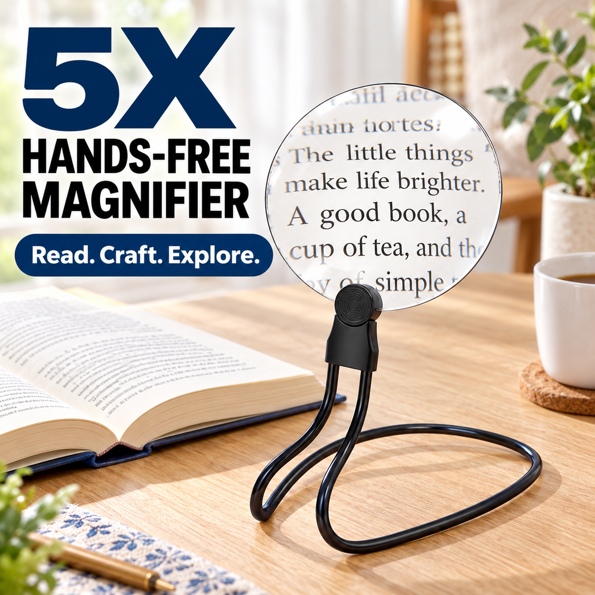 5x Magnetic Reading Magnifier with Stand — Hands-Free 130 mm Magnifying Glass