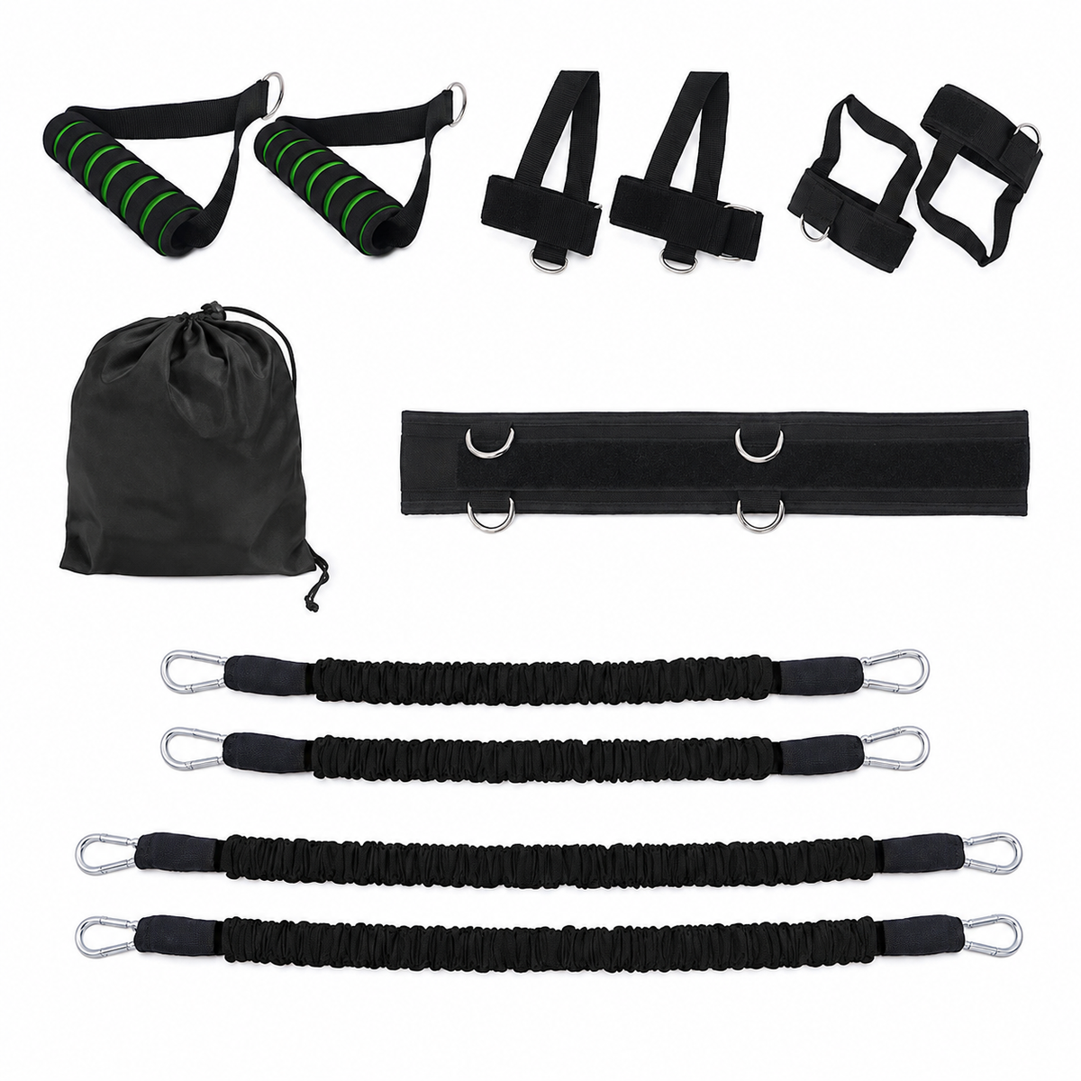 Resistance Band Training Set — Waist Belt, Ankle Cuffs and Sleeved Bands, 15 to 40 lb