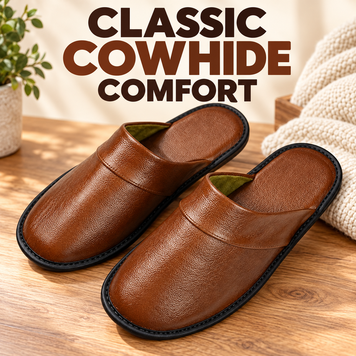Closed-Toe Cowhide House Slippers — Soft Leather Indoor Slippers for Men & Women