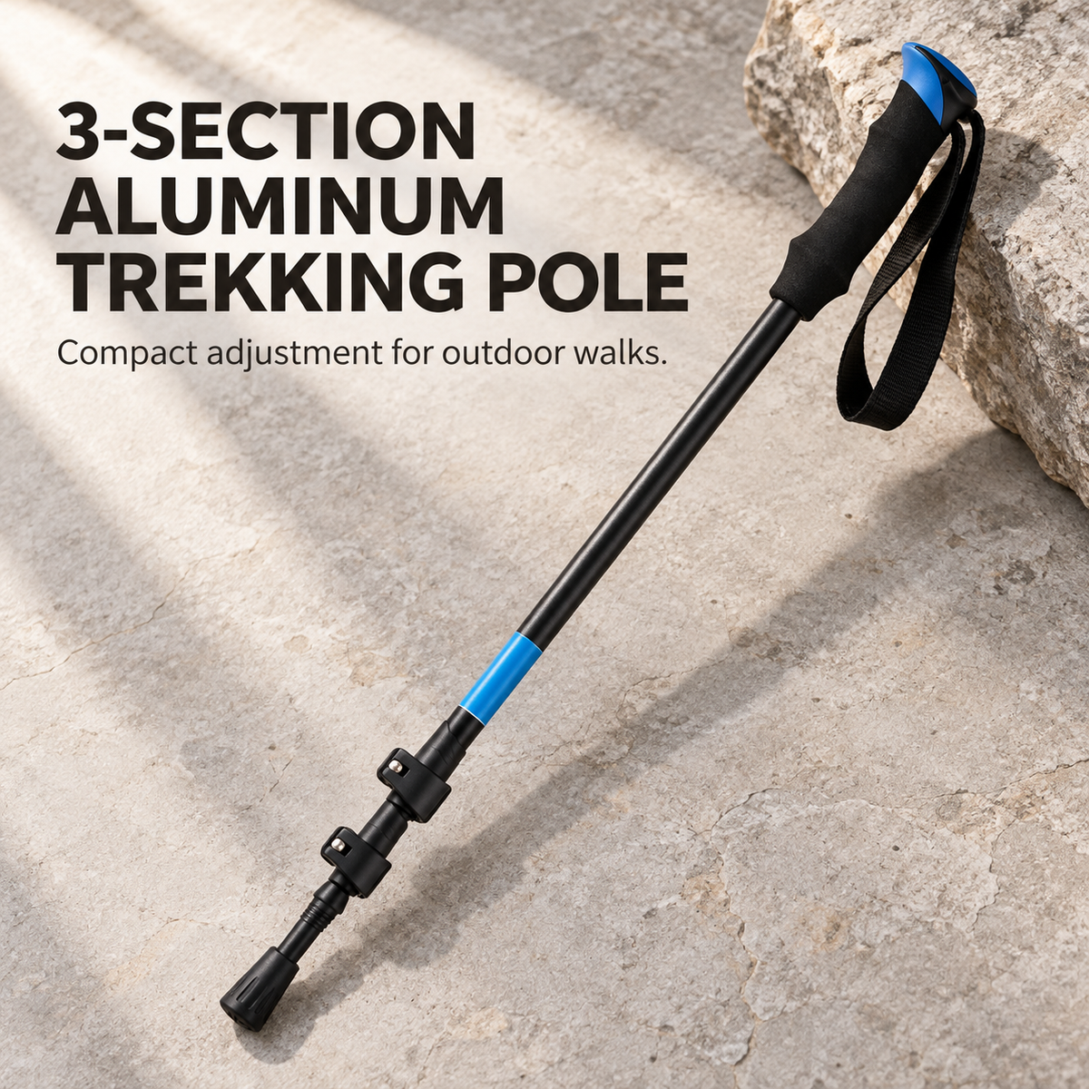 3-Section Aluminum Trekking Pole — Adjustable Folding Walking Stick for Hiking & Daily Walks