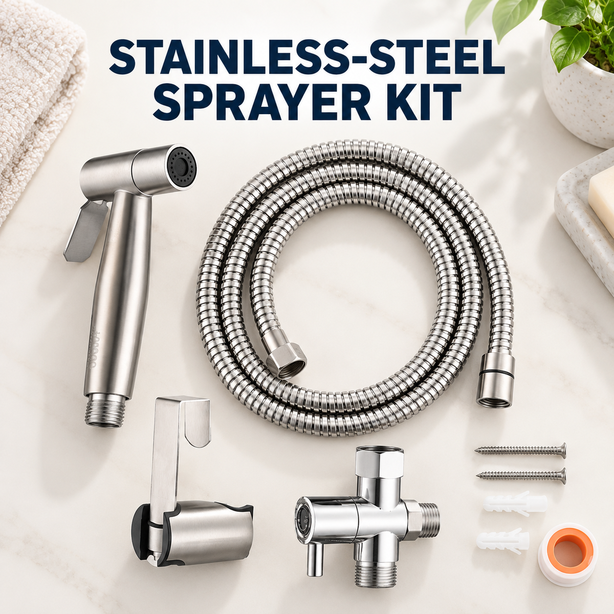 Stainless Steel Bidet Sprayer Kit — Handheld Toilet Sprayer with Hose & Holder