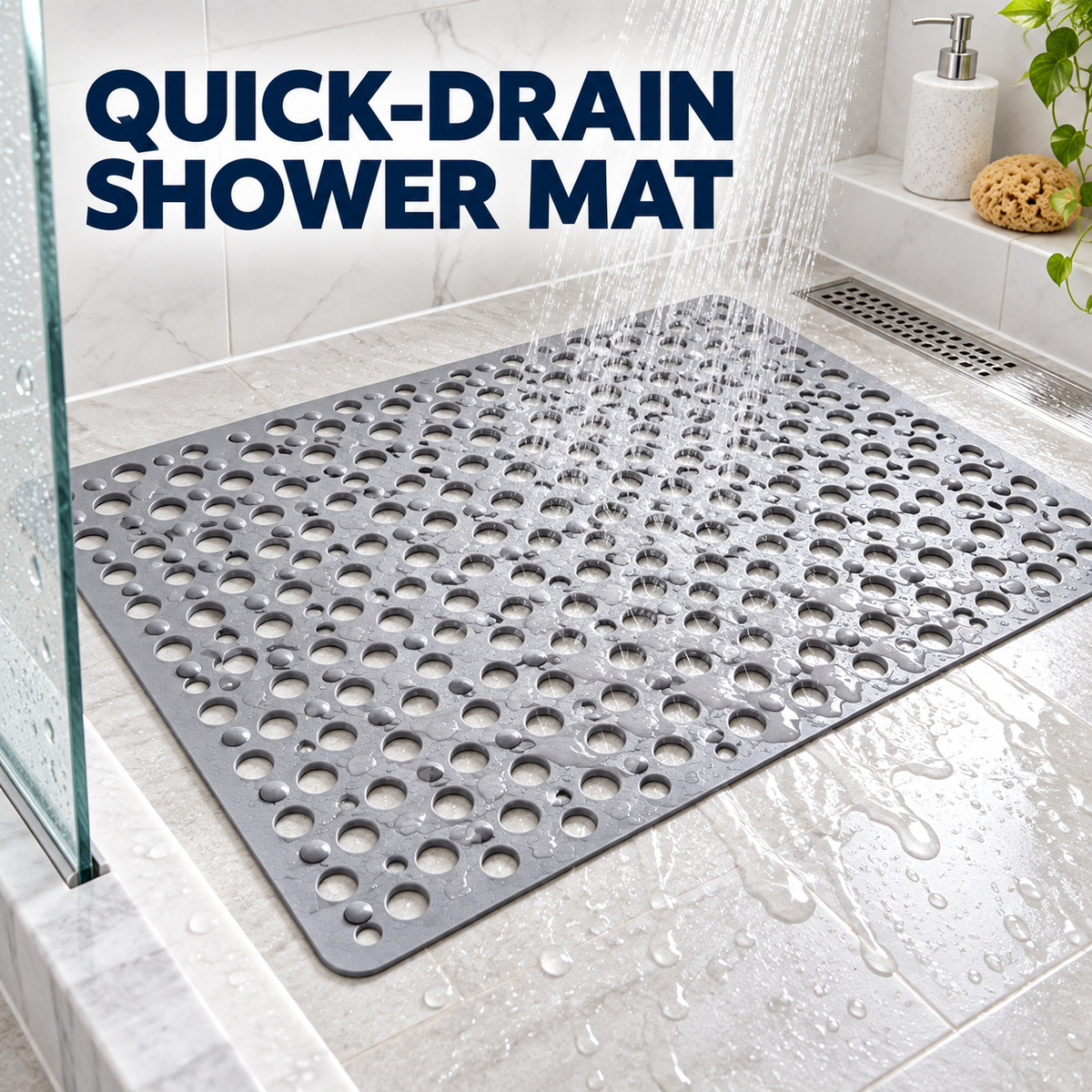Square Suction-Cup Shower Mat — Non-Slip Bath Mat with Quick-Drain Holes