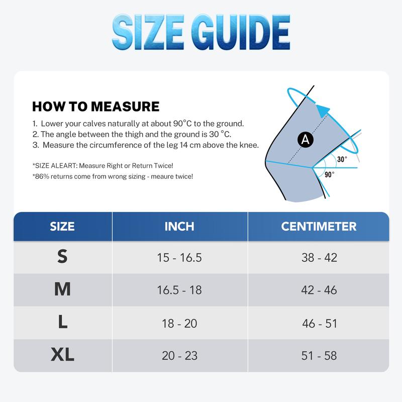 Size guide: measure the circumference of the leg 14 cm above the knee, then match it to size S, M, L or XL in inches and centimetres.