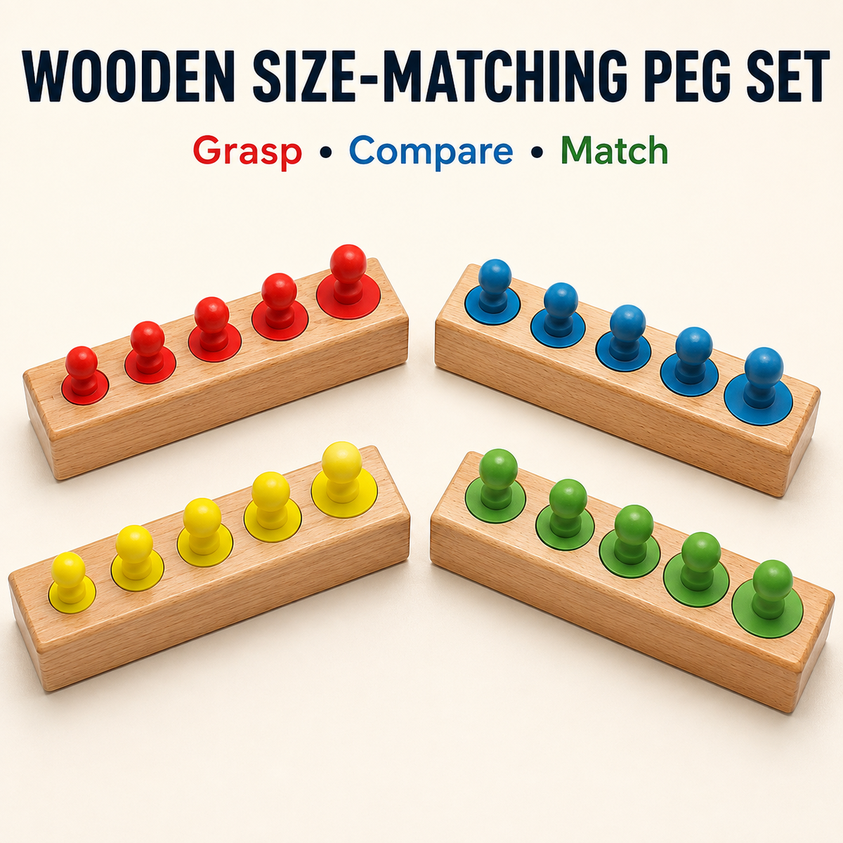 Montessori Wooden Peg Board — Size Sorting Cylinder Blocks for Toddlers