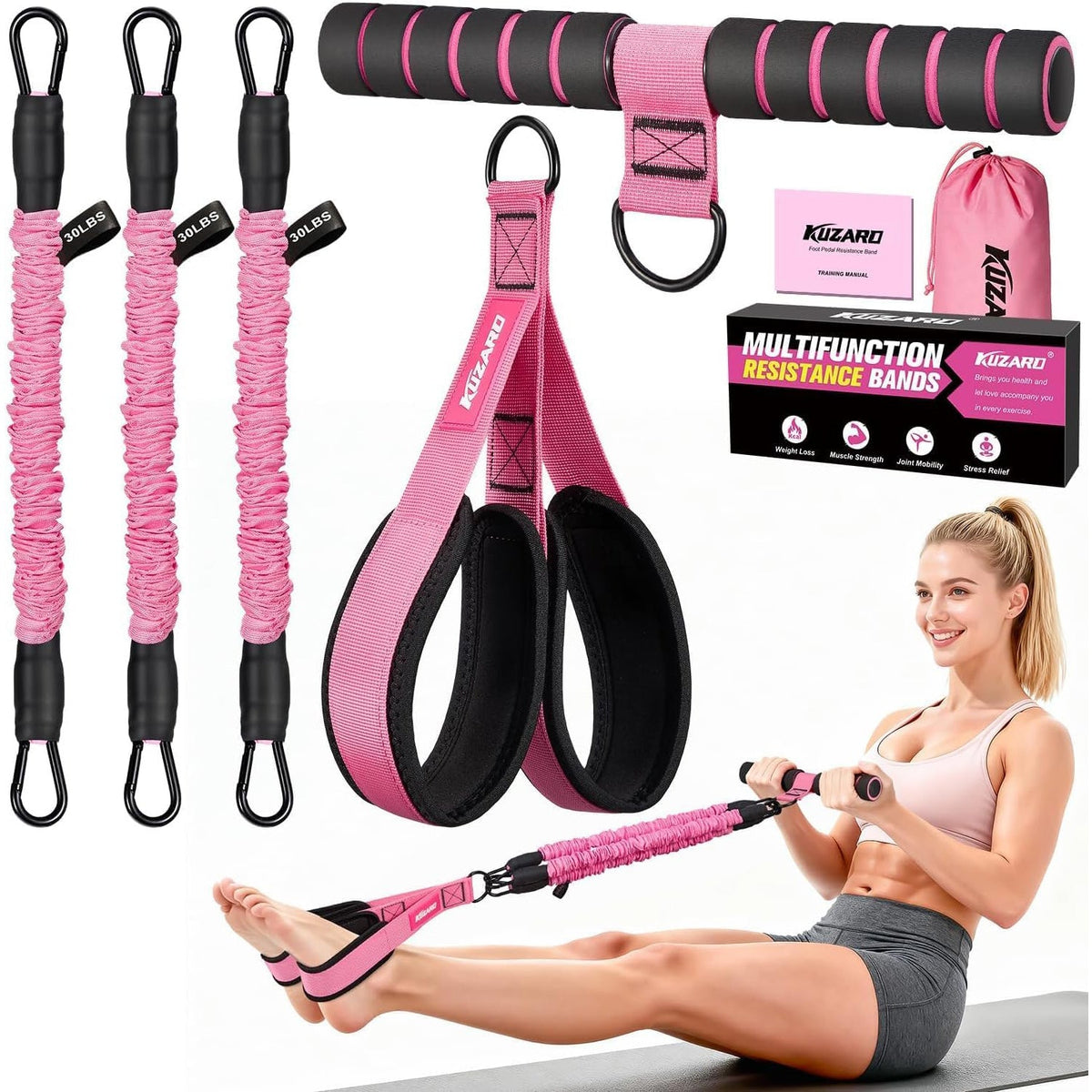 Sit-Up Resistance Bands — 3-Tube Trainer with Handles & Foot Pedals for Abs, Arms & Legs