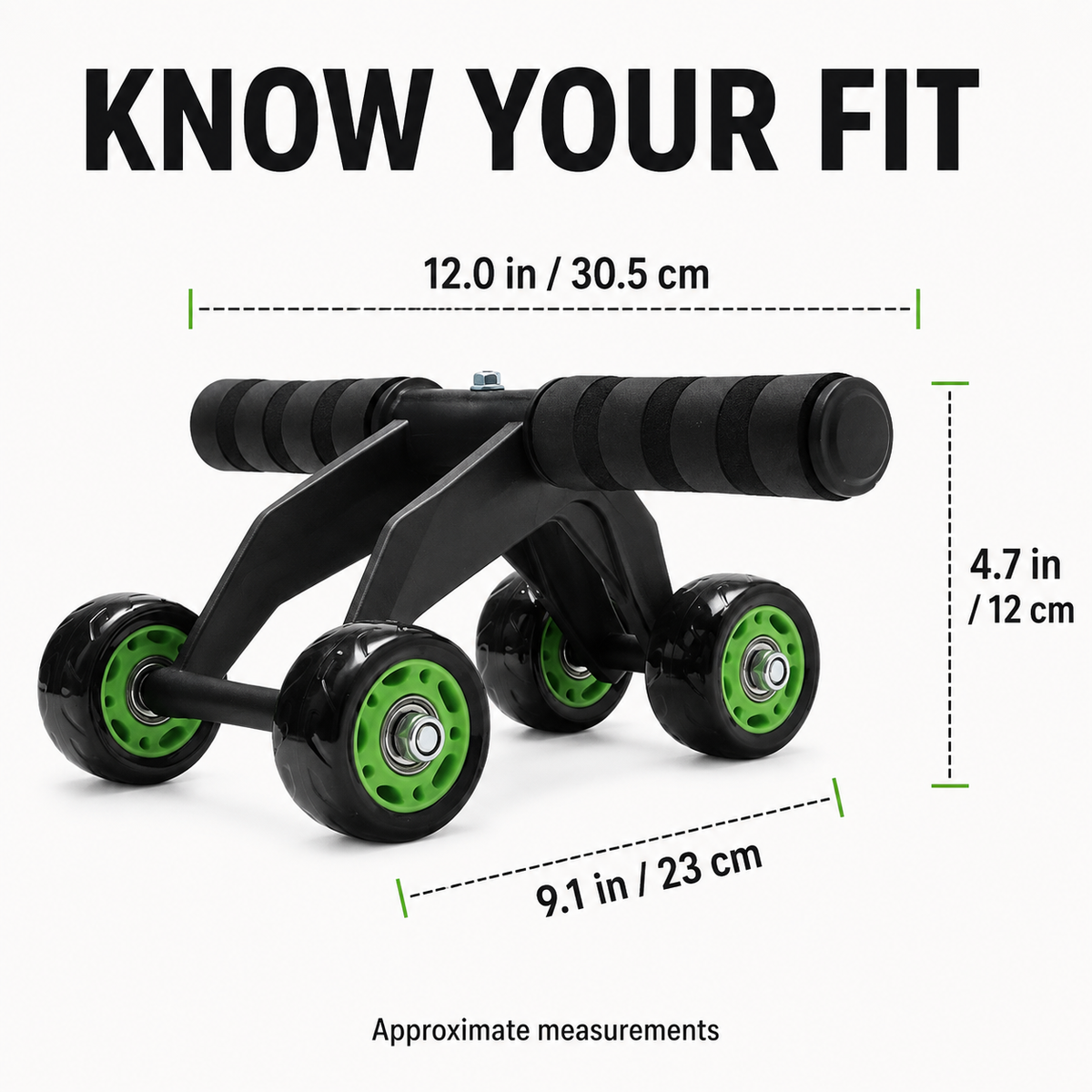 Four-Wheel Ab Roller — Wide-Base Core Trainer with Foam Handles, 30.5 cm, Home Workouts