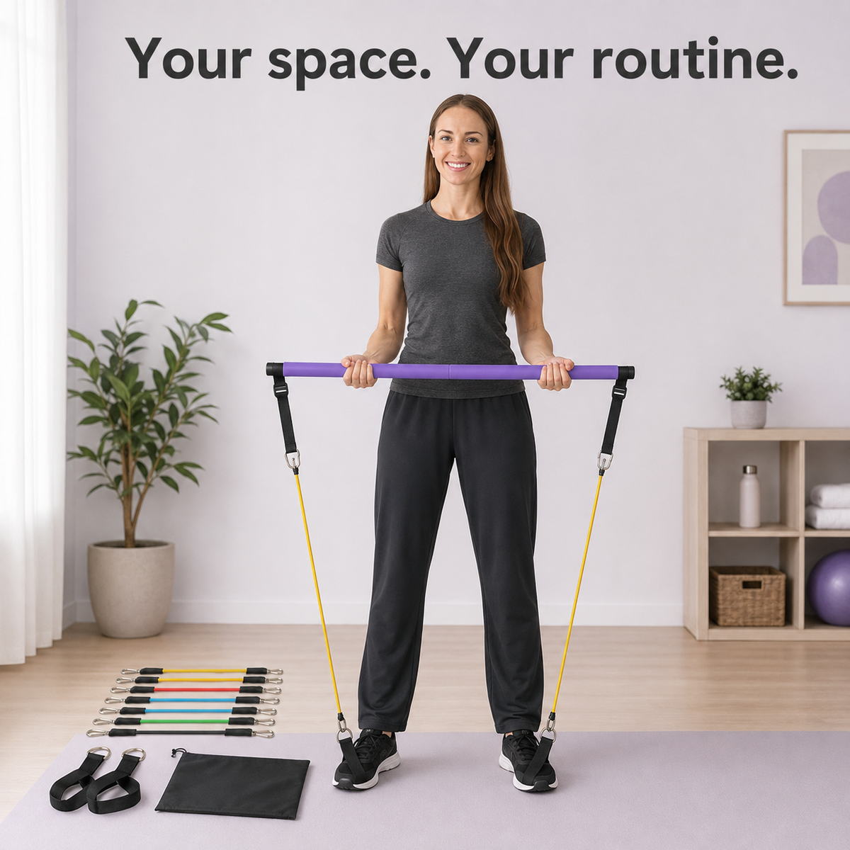Pilates Bar Kit — 96 cm Two-Piece Bar with 10 Resistance Bands, Foot Loops & Bag