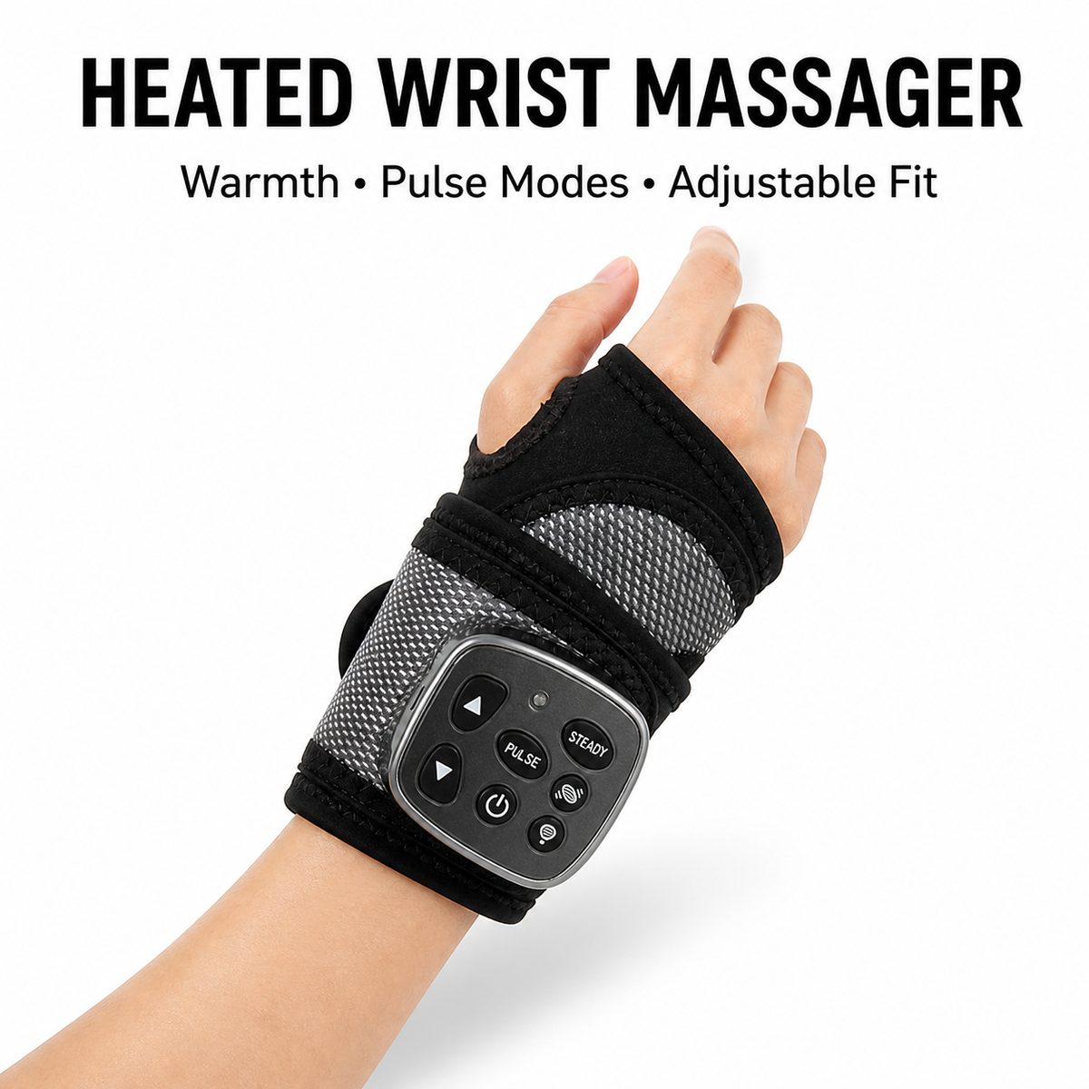 Heated Wrist Massager — Cordless Wrap with 45°C Warmth, Pulse & Steady Vibration Modes
