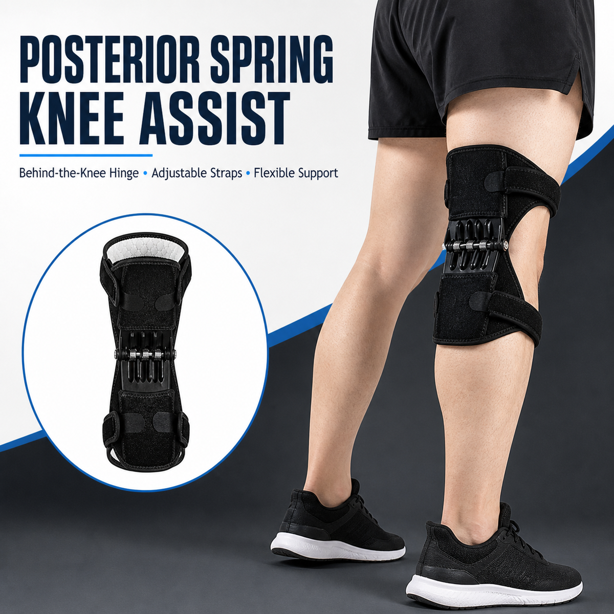 Spring Knee Support Brace — Triple Coil Hinge with Adjustable Straps, Sold Individually