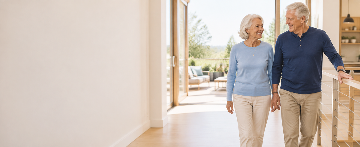 Older couple walking together at home in the morning light
